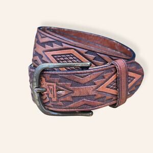 VTG Brown Embossed Leather Belt Geometric Eagle Pattern Top Grain USA Made 34/85